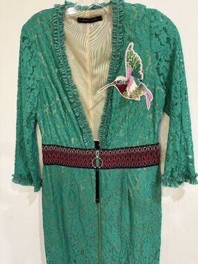 TENAX Made in Italy Green Lace Midi Dress Hummingbird Applique Size 46 M/L